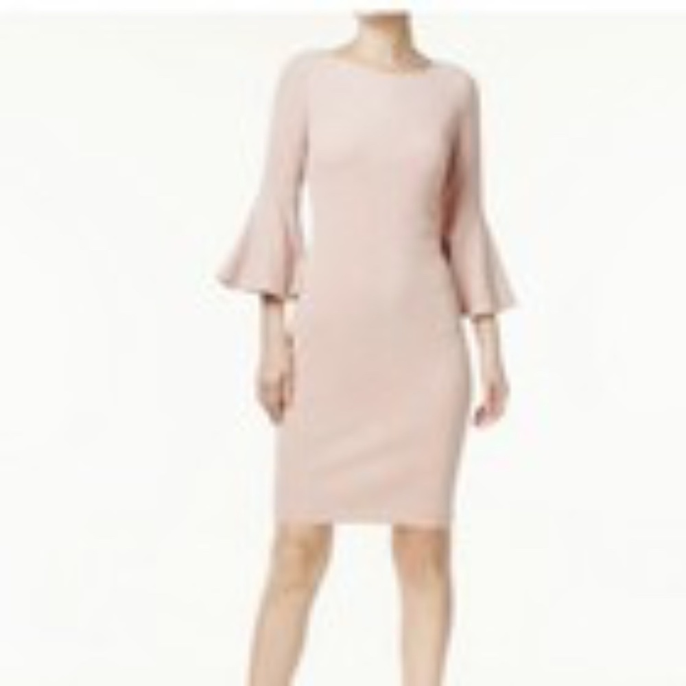 Calvin Klein Blush Pink Crepe Sheath Dress Size 10 Bell Sleeve Full Zipper Back